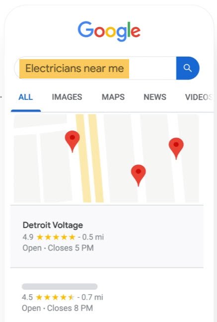 Screenshot of the results of searching for an electrician near me.