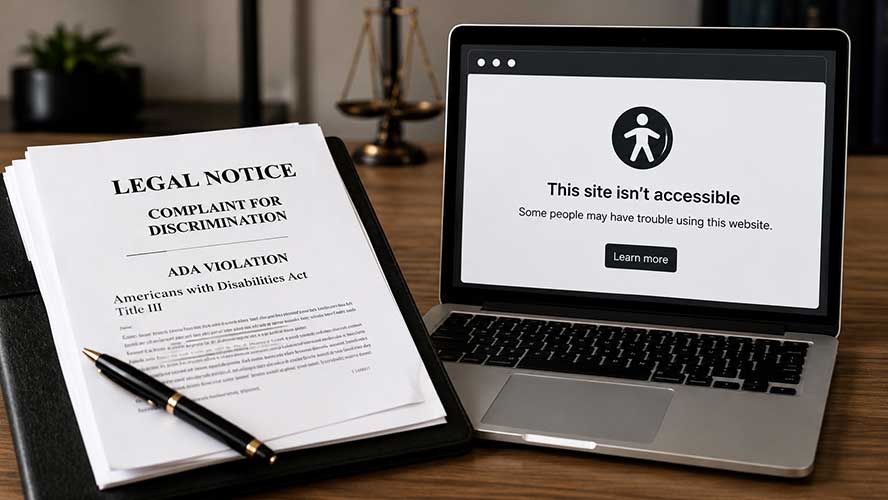 ADA legal notice beside laptop showing website accessibility failure