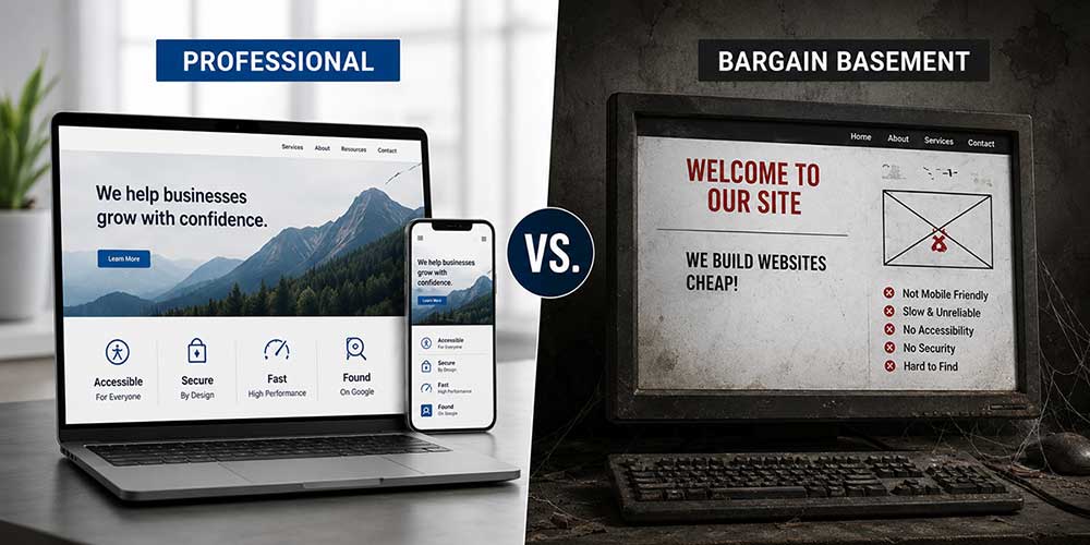 Professional website compared to bargain website with poor performance and accessibility Professional website compared to bargain website with poor performance and accessibility