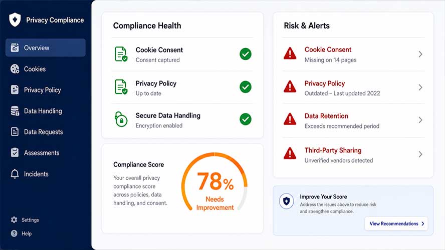 Privacy compliance dashboard showing 78 percent score and needed improvements